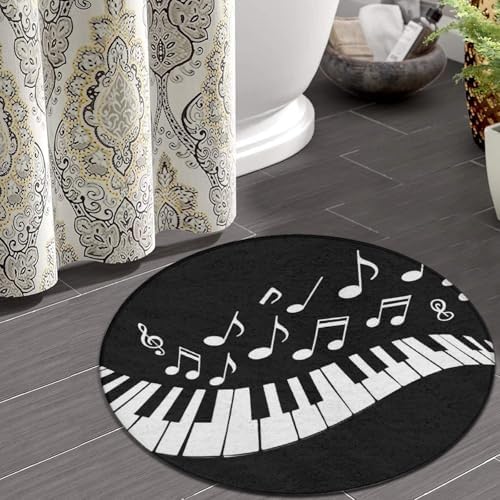 Home Decor Non Slip Kitchen Office Circle Rug, Machine Washable Modern Round Area Rug, Room Sofa Yoga Soft Round Carpet Piano Keys with Musical Notes Black and White