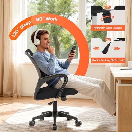BestOffice | Ergonomic Office Chair | Mid-Back Swivel Desk Chair | Breathable Backrest & Lumbar Support | Adjustable Height | Sponge Seat | Rolling Wheels | Dark Black | for Adults & Women
