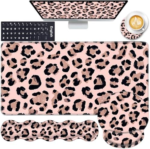 Mouse Pad,Large Pink Desk Mat, 4in1 XXL Mousepad + Keyboard Wrist Rest+Mouse Wrist Rest+Coaster Set with Ergonomic Desk Pad for Home Office Table Computer-Cute Leopard