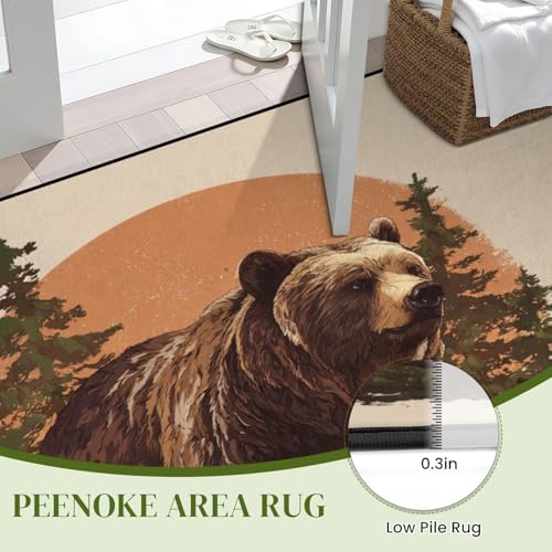 Serene Bear Standing Tall Pine Forest Warm Earth Tones Area Rug Outdoor Patio Rug Play Mat Modern Floor Carpet Non-Slip Home Decor Living Room Kids Bedroom Nursery, 6x9 ft