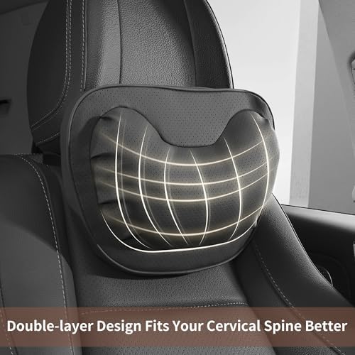 Car Neck Pillow [No More Pressure] Soft Comfortable Premium Leather Headrest with Adjustable Strap – Ergonomic Support for Driving, Office & Gaming, Black, 1 Pack