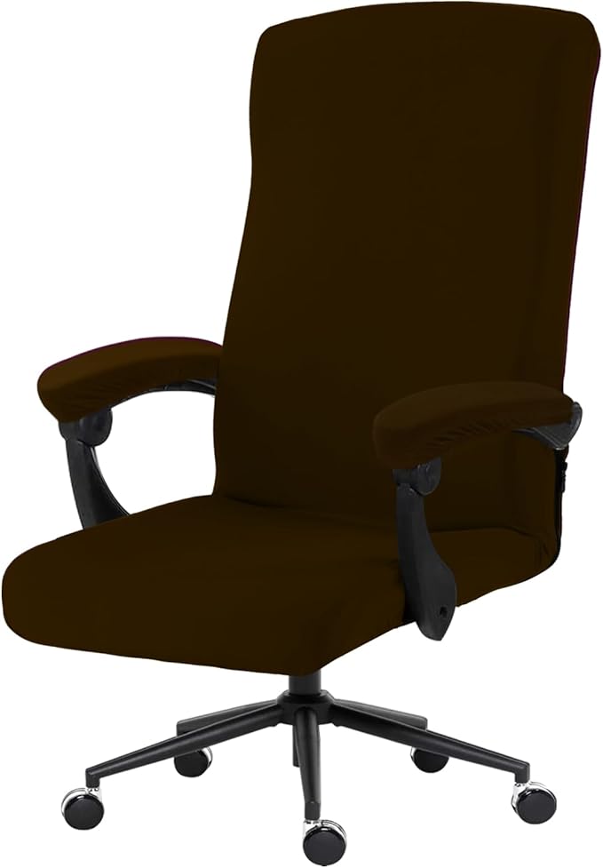 Stretch Computer Office Chair Cover with Armrest Covers Durable Zipper Universal Washable Removable Spandex Rotating Boss Chair Slipcovers Anti-dust Soft Desk Chair Seat Protector, Brown