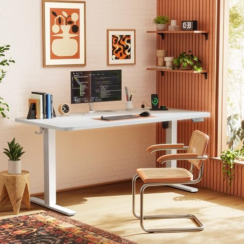 Huuger 55 X 24 Inch Electric Standing Desk with Power Outlets and USB-C Port, Height Adjustable Desk, Sit Stand Desk for Home Office, Computer & Gaming Desk with 3 Presets, Stable Steel Frame, White