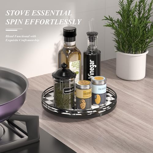 AMH 10-Inch Black and White Checkerboard Lazy Susan with Oak Base