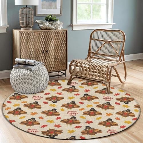 Fashion Round Area Rug Large Non Slip Carpet Unisex Home Decor Mat Cute Thanksgiving Turkey Art, 60inch