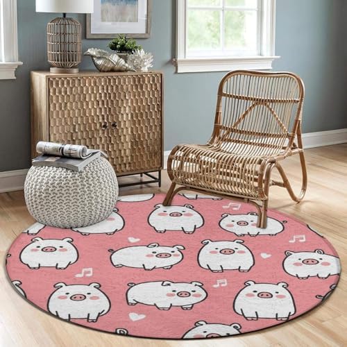 Fashion Round Area Rug Large Non Slip Carpet, Cute Pink Pig Unisex Home Decor Mat
