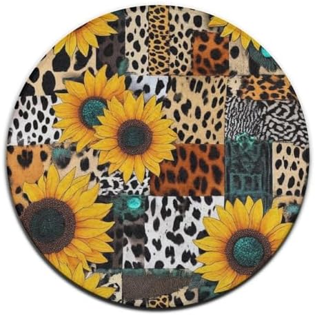 Machine Washable Modern Round Area Rug, Room Sofa Yoga Soft Round Carpet, Home Decor Non Slip Kitchen Office Circle Rug Retro Sunflowers Animal Leopard Print Art, 24inch