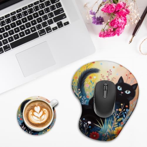 iRudyard 2Pcs Rubber Coasters Washable Mouse Pad Wrist Support Pu Black Cat