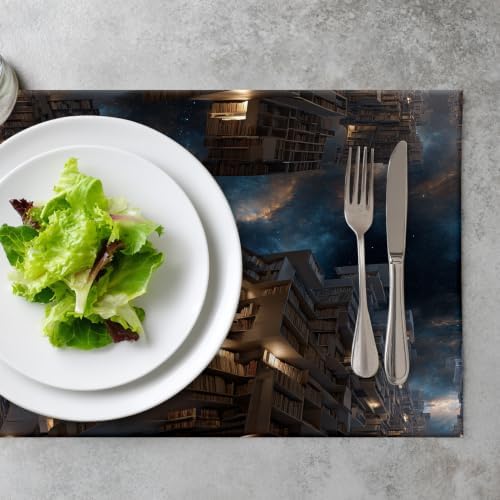 Infinite Library Nebula Shelves Placemats, Floating Books Cosmic Backdrop Place Mats for Dining/Kitchen Table Waterproof Washable Linen Heat Insulation Dinner Table Mats 12X18 in 6 Pcs