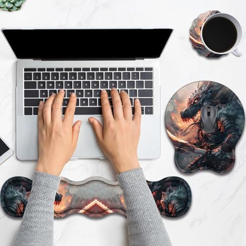 Keyboard Wrist Rest and Mouse Pad Wrist Support with Lace-Shaped Coaster Set, Ergonomic Gel Memory Foam and Anti-Slip Base, Easy Typing and Pain Relief - Draco Warrior