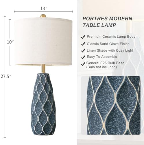 Ceramic Table Lamps Set of 2, 27.5" Blue Lamps for Bedroom Living Room