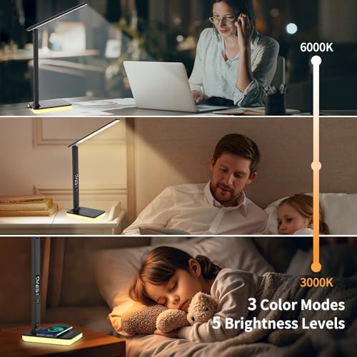 LED Desk Lamp for Home Office, USB Charging Port, Desk Light with 5 Modes