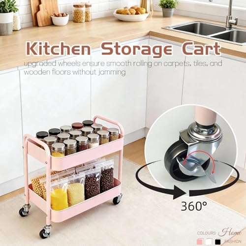 2 Tier Pink Rolling Cart with Wheels for Under Desk Storage, Large Capacity Rolling Pantry & Kitchen Storage Cart for Small Space, Sturdy Metal Bathroom Shelf Laundry Room Organization