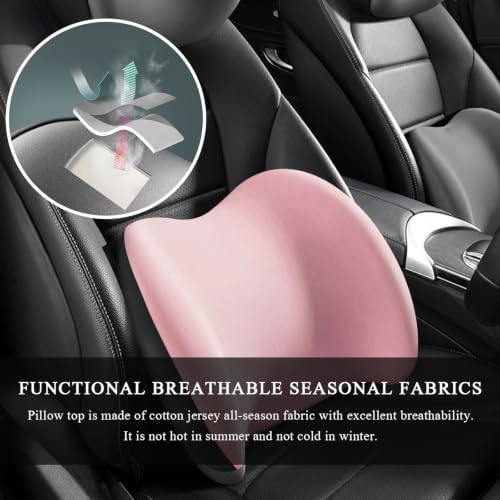 Car Lumbar Support Cushion, Ergonomic Memory Foam Car Back Support w/Removable Cover, Universal Breathable Lumbar Cushion Back Support Pillow with Adjusatble Strap (Pink)