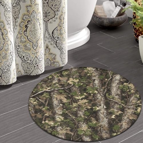 Large Machine Washable Circular Rugs, Home Decor Round Mat for Living Room Sofa Office Hunting Camo Tree Camouflage