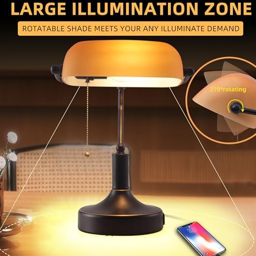 Vintage Bankers Desk Lamp with Pull Chain Switch, Traditional Desk Lamp with USB A and Type C Charging Port, Oil Rubbed Bronze Table Lamp with Amber Glass Shade for Office, Library, Study Room