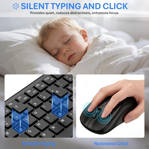 Wireless Keyboard and Mouse Combo, Full-Size Silent Ergonomic Keyboard and Mouse, Sleep Mode, Long Battery Life, 2.4G Lag-Free Cordless Mice Keyboard Set for Computer, Laptop, PC, Mac, Windows (Black)
