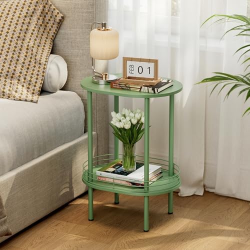 Small Oval Side Table with Storage, 2-Tier Green End Table for Small Space