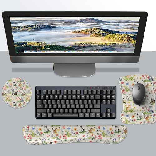 Ergonomic Memory Foam Keyboard Mouse Pad Set with Wrist Rest Support,Non-Slip Hand Wrist Cushion for Laptop/Notebook/Desktop/Computer/Gaming/Office,Easy Typing& Pain Relief (Garden Cat)