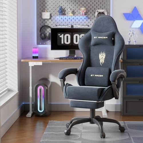 Huracan Ergonomic Gaming Chair with Massage Lumbar Cushion, High‑Back Reclining Velvet Fabric Chair with Footrest for Home Use, Adjustable Racing‑Style Gamer Chair for Work and Streaming, Grey