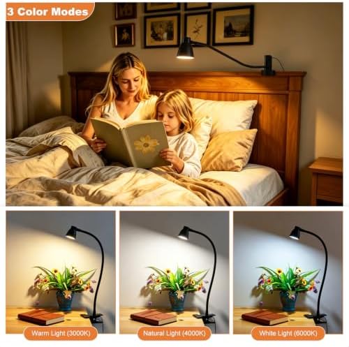 LED Clip Light 3 Color 10 Brightness Dimmable Clamp Desk Lamp Black