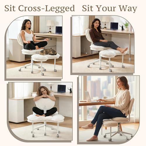 Cross Legged Chair with 360° Swivel Footrest, Criss Cross Office Chair for Plus Size, Teddy Fleece Armless Desk Chair with Wheels, Memory Foam Cozy Active Sitting Chair for Home Office,