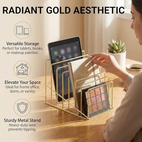 Gold Desk Organizer 7 Slot Inclined Vertical File Folder Holder Sorter with Mesh Front Metal Wire Rack for Mail, Slim Binders, Books Office Organization Desktop Accessories
