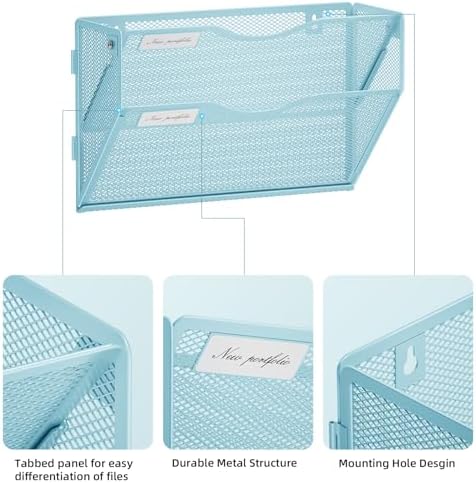 Marbrasse Wall File Holder 2-Tier Hanging Wall File Organizer, Mesh Mail Holder for Papers, Wall Mount File Clipboard & Magazine Organizer Great for Office Home (Blue)