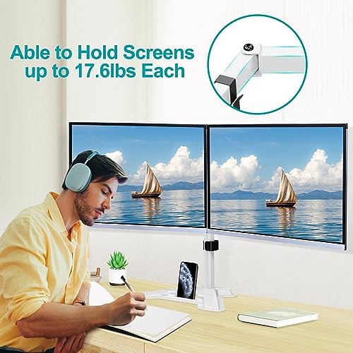 MOUNT PRO Dual Monitor Stand, Free-Standing Full Motion Monitor Desk Mount Fits 2 Screens up to 27 inches,17.6lbs with Height Adjustable, Swivel, Tilt, Rotation, VESA 75x75 100x100,White