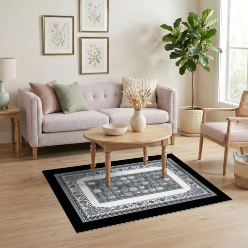4'x6' Charcoal Gray Cat Motif with Vine Border Ultra-Soft Area Rug