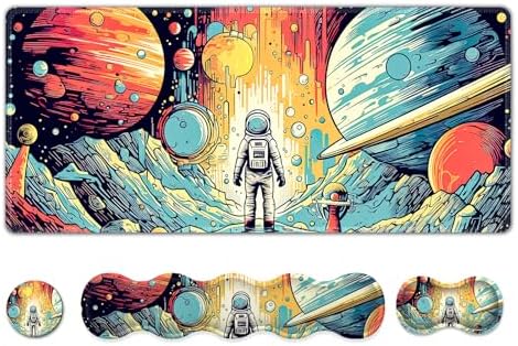 AIMSA Desk Mat Set, Mouse Pad with Wrist Rest +Keyboard Wrist Rest +Large Mouse Mat +Coaster, 4in1 Extended Gaming Mousepad Set for Home Office, Planet Astronaut