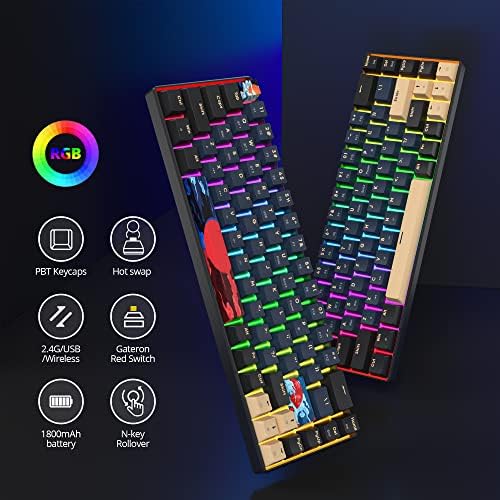 surmen GT68 65% Wireless Mechanical Gaming Keyboard 60 Percent RGB Hot-Swappable 68-Key Compact Keyboard Bluetooth5.0/2.4G/USB with Yellow Switch (Yellow Switch, Blue Samurai 68)