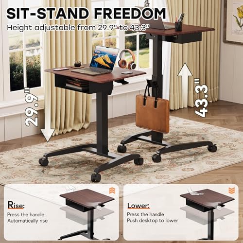 JOY worker 28" Pneumatic Mobile Laptop Desk with Storage Shelf, Dark Walnut