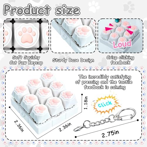 Cat Paw Keyboard Fidget Toy, Keyboard Fidget Keychain 9-in-1 Keyboard Decompression Button Finger Clicker Toys, Cute Soft Click Buttons Fidget Toy ADHD Sensory Fidget Toys Stress Relief Gifts（White