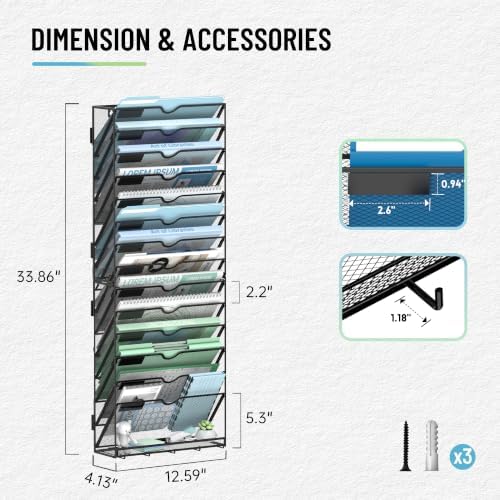 SUPEASY 15-Tier Wall File Organizer with Hooks, Wall Mounted Mail Organizer
