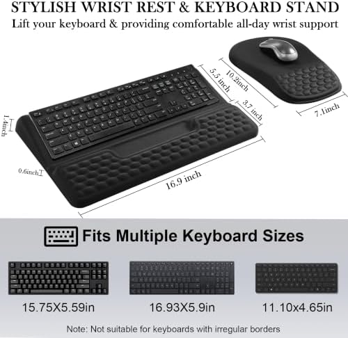 2 in 1 Ergonomic Keyboard Wrist Rest & Mouse Pad Set Adjustable Angle Keyboard Stand Riser Tray with Storage Pen Slot Slow Rebound Memory Foam Wrist Support Pad for Office Home School