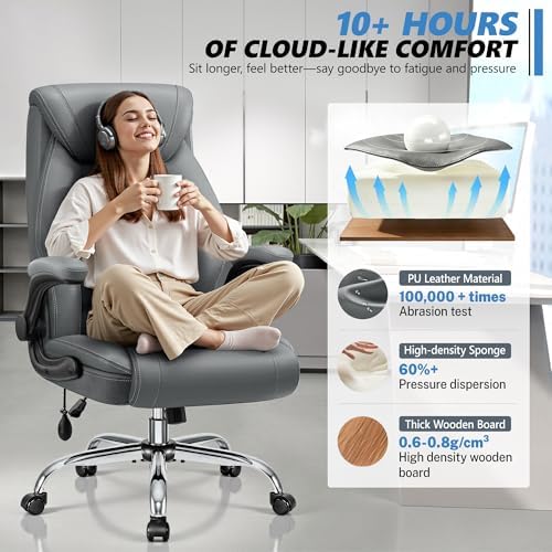 BestGlory Executive Office Chair with Lumbar Support, Big and Tall Ergonomic Computer Desk Chair, Leather Comfy High Back Gaming Chair with Flip Up Arms & Rocking Function for Home Office, Gray
