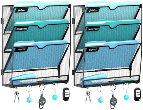 4-Tier Wall File Organizer and Mail Organizer with 5 Hooks, 2 Pack