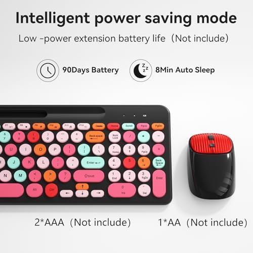 Retro Typewriter Wireless Keyboard with Round Keycaps, 2.4GHz Compact USB Cute Wireless Keyboard and Mouse Combo for Desktop, Laptop and Computer