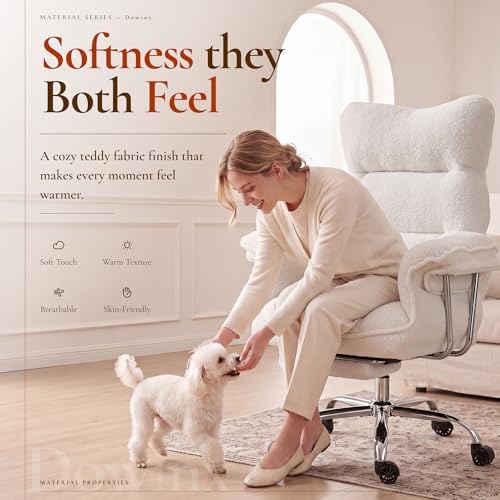 Dowinx Big and Tall Office Chair with Footrest, Ergonomic High Back Reclining Design, Wide Seat, Thick Cushion, Wide Armrests, Teddy Fleece Criss Cross Desk Chair, Pure White