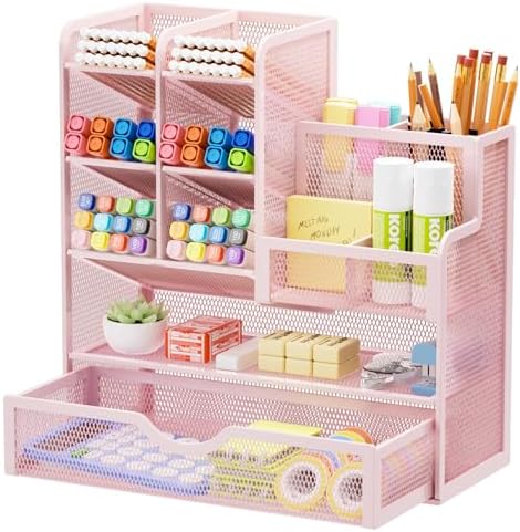 Marbrasse Mesh Desk Organizer with Drawer, Multi-Functional Pencil Organizer, 12 Compartments, Pink, Modern, Minimalist