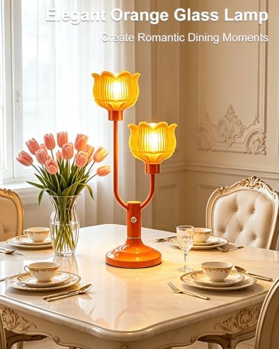 Flower Orange Table Lamp Dimmable Vintage Lamp 2 Bulbs Included