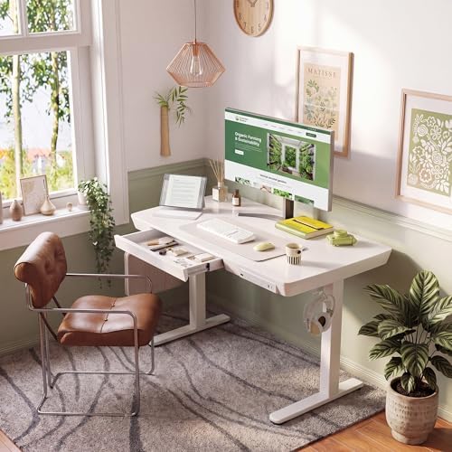 INNOVAR 35" Small Glass Standing Desk with Drawers & USB Ports, Whole-Piece Glass Top Adjustable Height Desks, Quick-Install Electric Sit-Stand Up Desk for Home Office & Computer Workstation, White