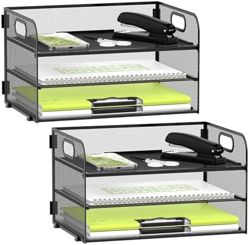 DALTACK 2 Pack 3 Tier Paper Organizer for Desk, Sliding Paper Trays, Black
