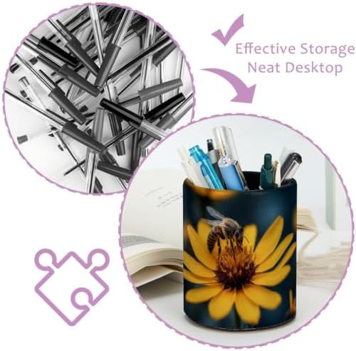 Leather Pen Holder for Desk, Honeybee Pencil Cup Pen Organizer Makeup Brush Holder for Office Home Kids Countertop Desk Accessory Storage
