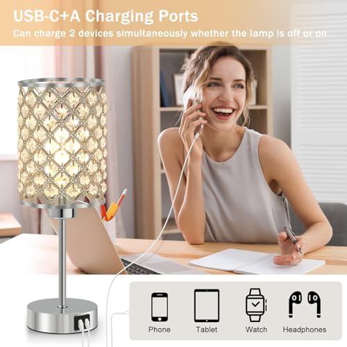 GyroVu Silver Crystal Bedside Table Lamps Set of 2 with USB C+A Ports