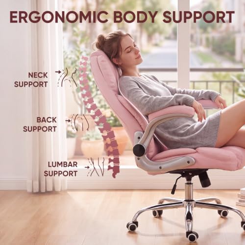 Executive Office Chair, Ergonomic Heavy Duty Desk Chair with Flip‑Up Armrests, 400 LBS High Back Comfy Computer Gaming Chairs for Home Office, Breathable PU Leather (Pink)