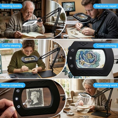 MoKo 15X 30X Magnifying Glass with Light and Stand, Magnifying Desk Lamp with Clamp, 5 Color Modes Stepless Dimmable LED Lighted Magnifier, Desk Magnifier for Close Work, Reading, Crafts, Black
