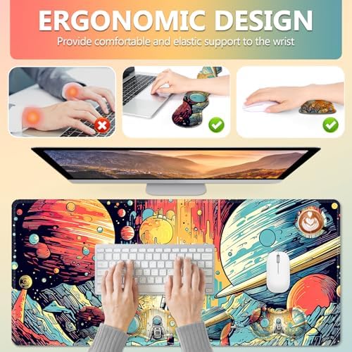 AIMSA Desk Mat Set, Mouse Pad with Wrist Rest +Keyboard Wrist Rest +Large Mouse Mat +Coaster, 4in1 Extended Gaming Mousepad Set for Home Office, Planet Astronaut