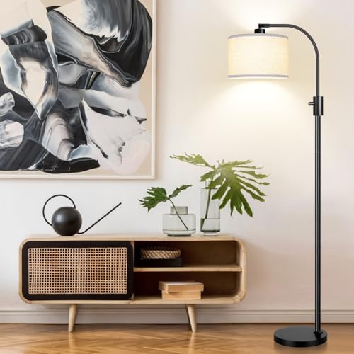 Nintiue Upgraded Modern Arc Dimmable Tall Standing Floor Lamp with Linen Shade, 1200 Lumens LED Bulb Included, for Living & Reading Room, Bedroom, Office & Nursery, Matte Black